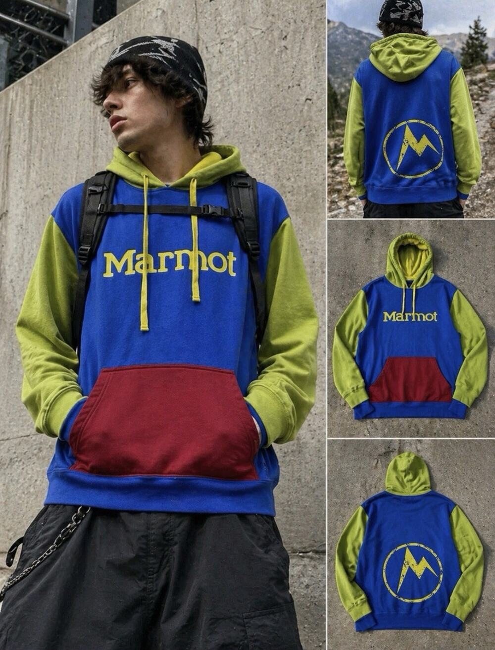 Marmot Colorblock Hoodie L Green Red Spellout Logo Gorpcore Streetwear Y2K Hoodi